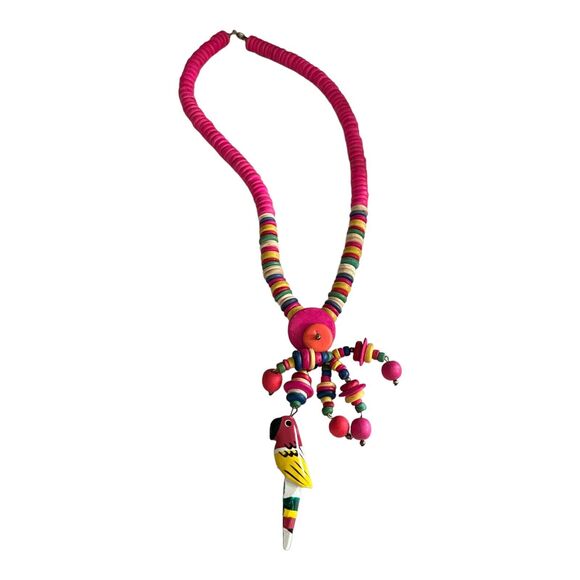 Wood Wooden Tropical Multi Color Bird Parrot Dangle Beaded Necklace Pink Multi - Picture 1 of 4